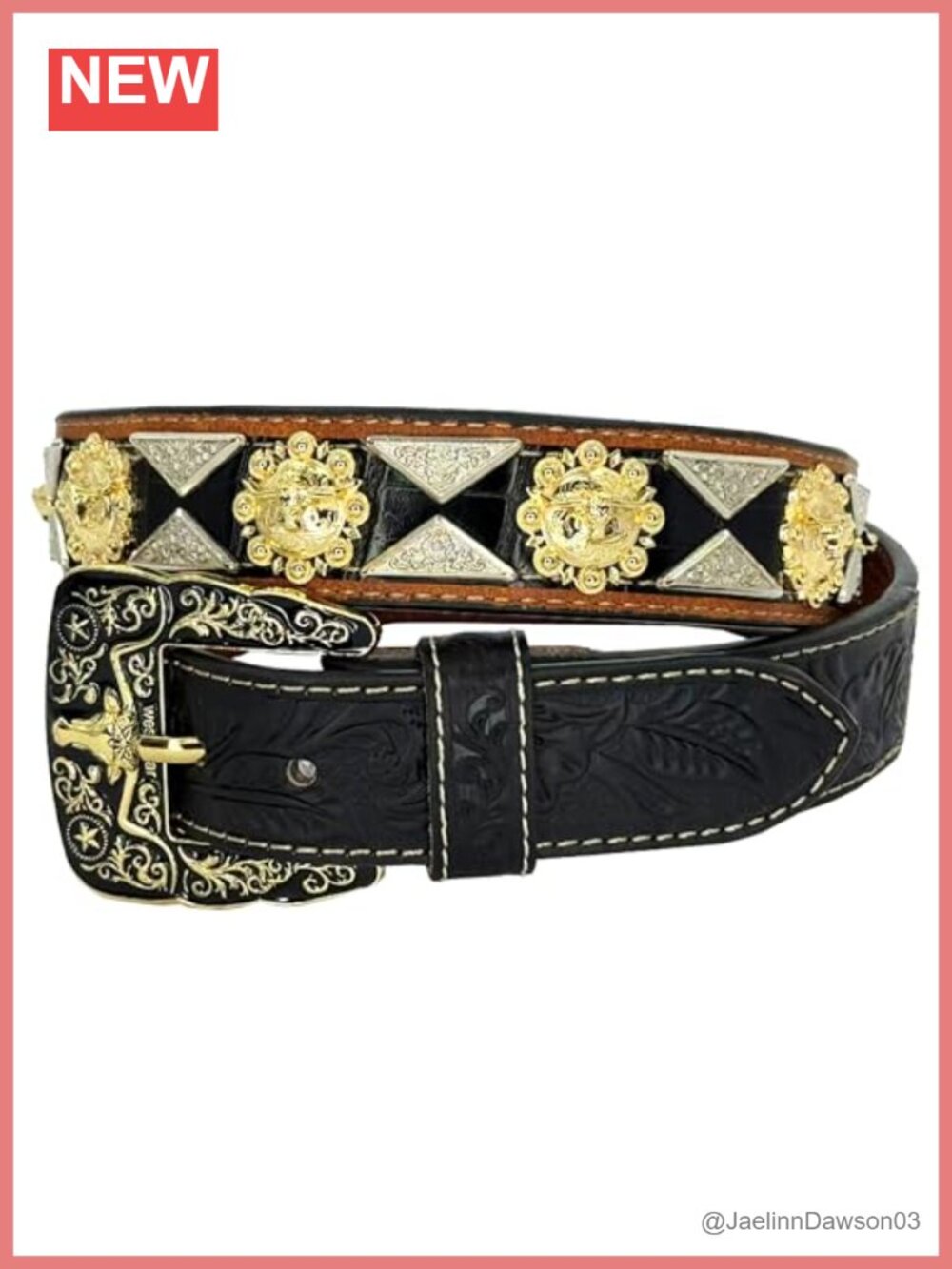 Genuine Leather Concho Belt Western Tooled Cowboy Longhorn Buckle